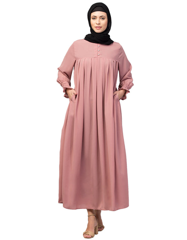 Dubai Abaya with pleats and bell sleeves stylish look In the Shade of Lt Pink